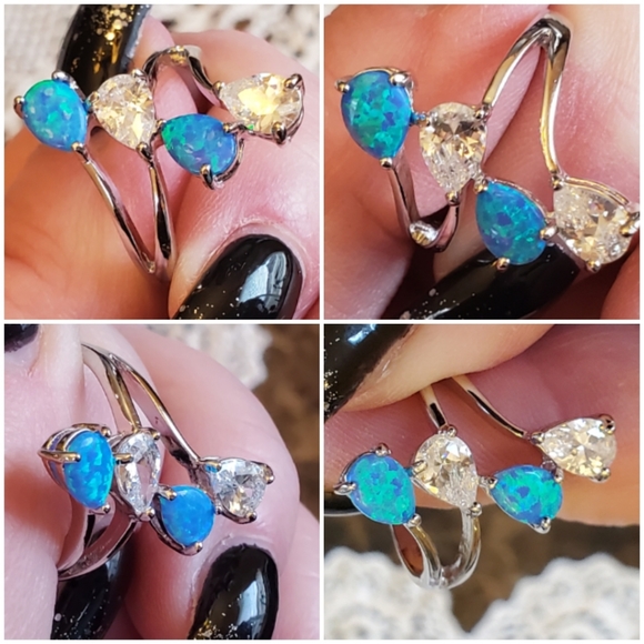 Genuine Blue Fire Opal/White Topaz Ring Size 9 - Picture 5 of 8